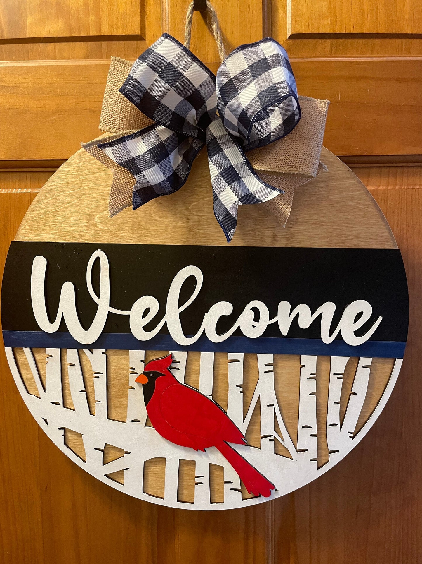 Cardinal Front Door Decor | Welcome Door Hanger | 3D Lettering | Round Wood Welcome Sign | Year Round Decor | Winter Cardinal Door Hanger