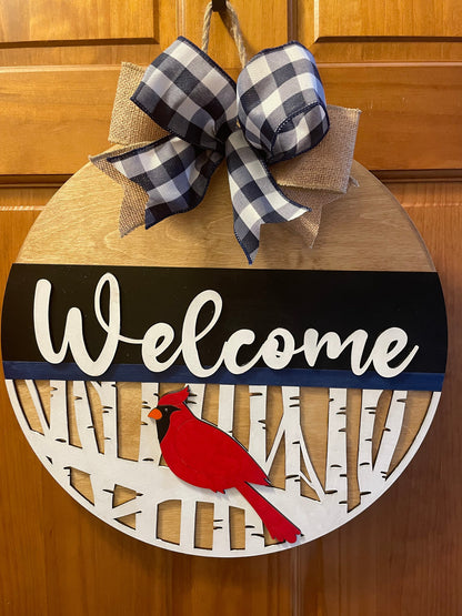 Cardinal Front Door Decor | Welcome Door Hanger | 3D Lettering | Round Wood Welcome Sign | Year Round Decor | Winter Cardinal Door Hanger
