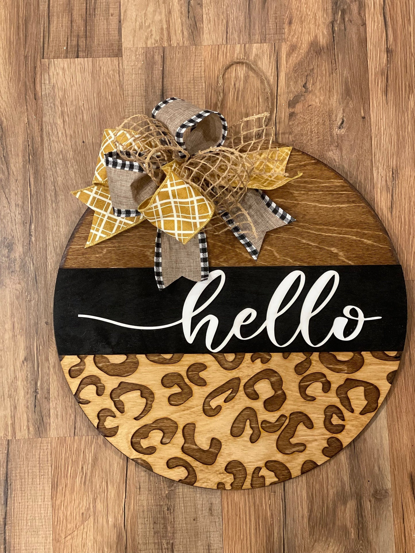 Hello Modern Cheetah Front Door Decor | Hello Door Hanger | 3D Lettering | Round Wood Hello Sign | All Year Decor | Wood Hello Wreath