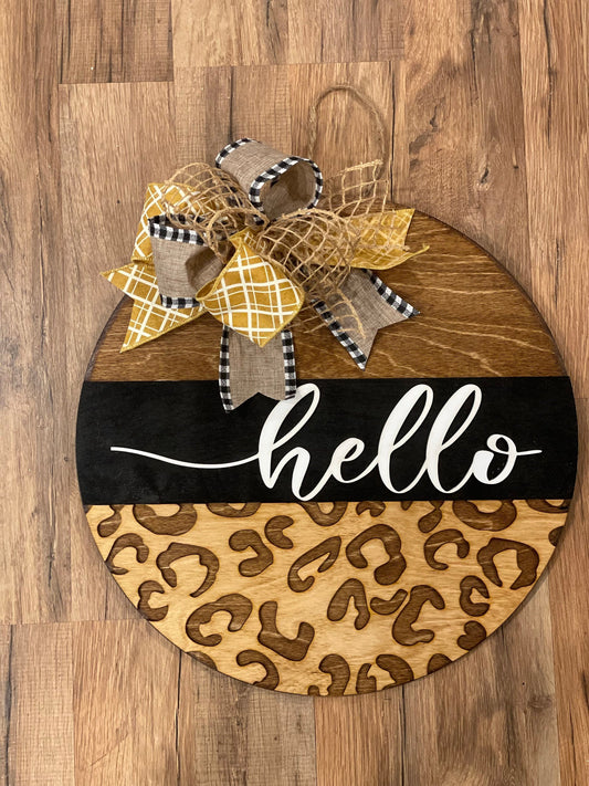 Hello Modern Cheetah Front Door Decor | Hello Door Hanger | 3D Lettering | Round Wood Hello Sign | All Year Decor | Wood Hello Wreath