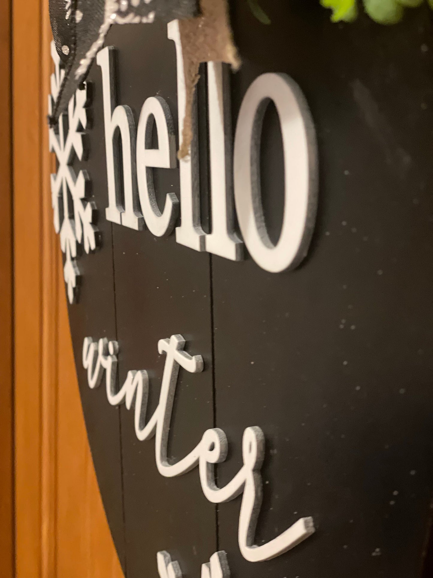 Hello Winter Door Hanger | 3D Lettering | 16inch round | Front Door Decor | Round Wood Sign | Black and White Door Sign | Winter Wreath