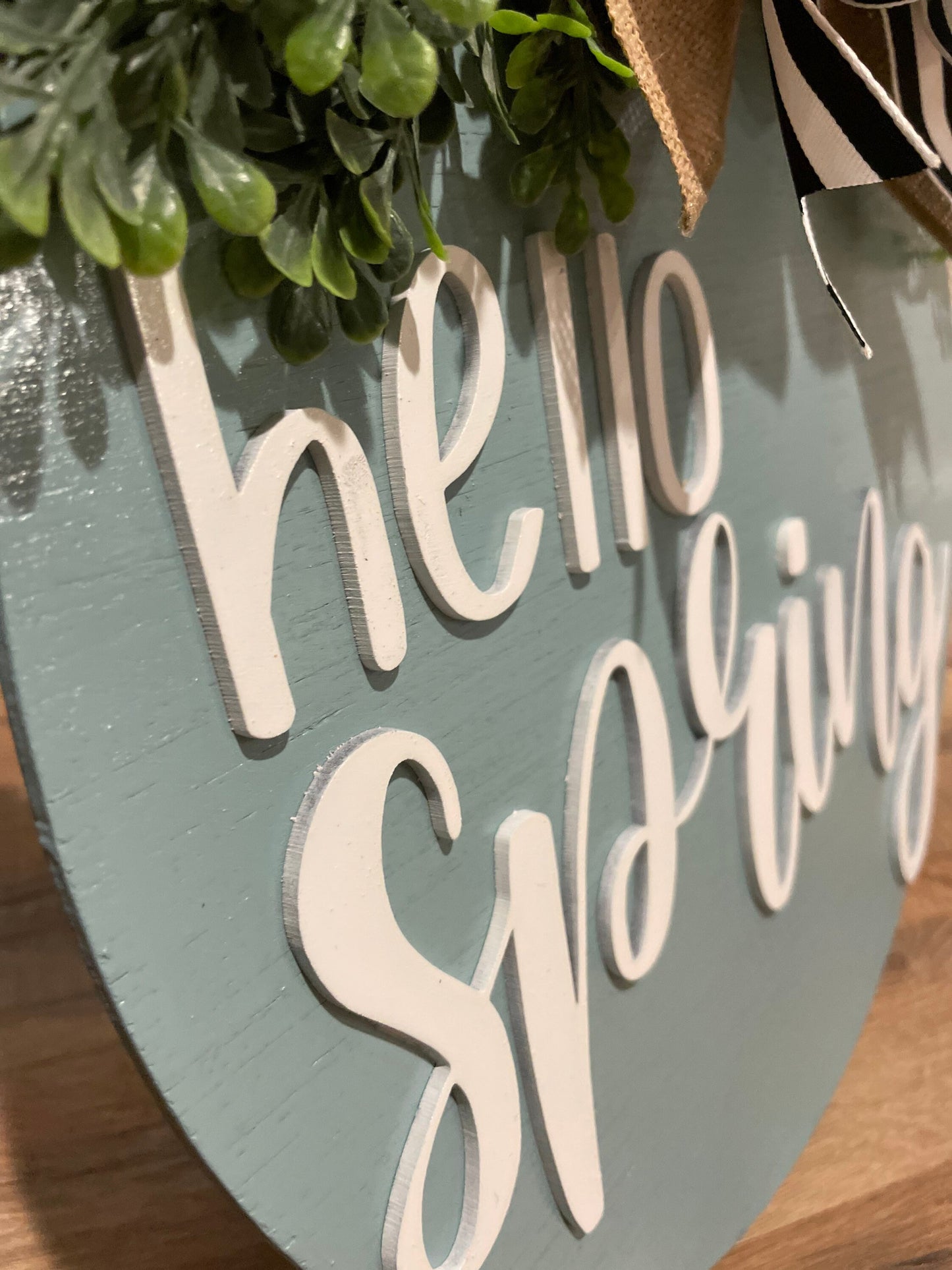 Hello Spring Door Hanger | 3D Lettering | 16inch round | Front Door Decor | Round Wood Sign