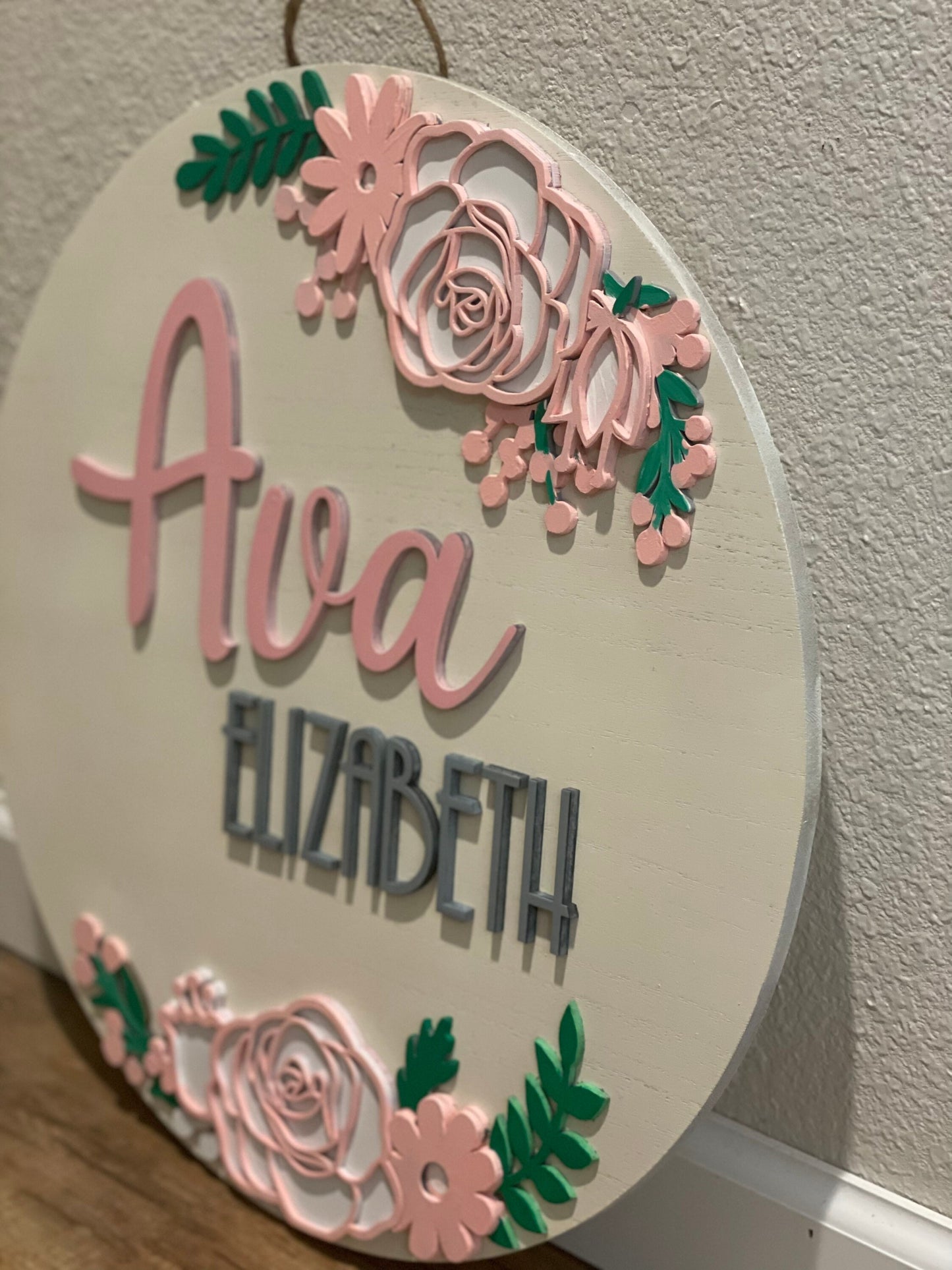 Floral Nursery Name Sign | 3D Custom Name Sign | Round Wood Sign | Nursery Decor| Personalized Nursery Sign