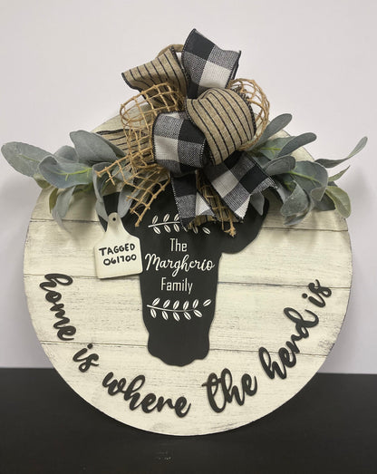 20” Round Home Is Where the Herd Is Door Hanger | Cow Sign | Cow Door Hanger | Farmhouse Shiplap Sign