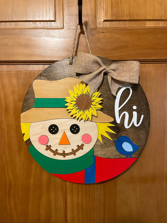 Scarecrow Hi Front Door Decor |Fall Door Hanger | 3D Lettering | Round Wood Scarecrow Sign | Thanksgiving Decor | Wood Wreath