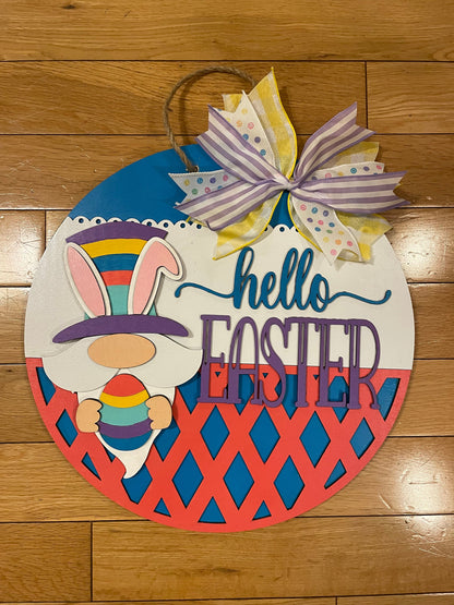 Happy Easter Gnome Front Door Decor | Welcome Door Hanger | 3D Lettering | Round Wood Welcome Sign |  Gnome Round Sign | Door Wreath