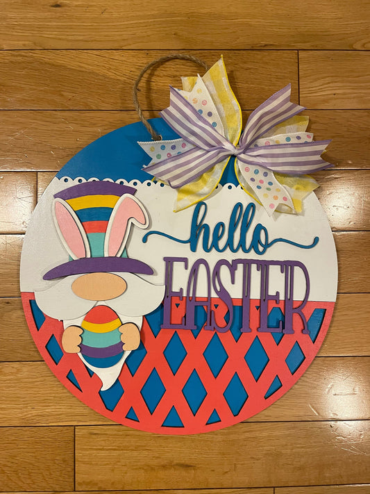 Happy Easter Gnome Front Door Decor | Welcome Door Hanger | 3D Lettering | Round Wood Welcome Sign |  Gnome Round Sign | Door Wreath