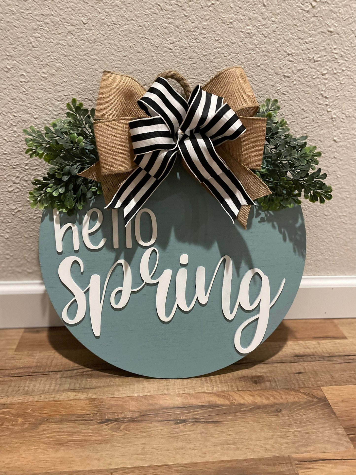 Hello Spring Door Hanger | 3D Lettering | 16inch round | Front Door Decor | Round Wood Sign