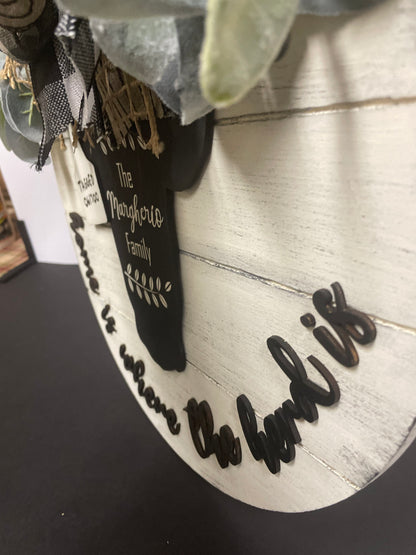16' Round Home Is Where the Herd Is Door Hanger | Cow Sign | Cow Door Hanger | Farmhouse Shiplap Sign