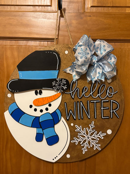 Hello Winter Snowman Door Hanger | 3D Lettering | 16inch round | Front Door Decor | Round Wood Sign | Winter Wreath