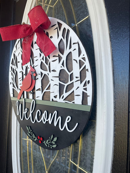Cardinal Front Door Decor | Welcome Door Hanger | 3D Lettering | Round Wood Welcome Sign | Cardinal Decor | Winter Wreath