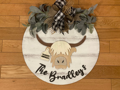 20” Round Custom Highland Cow Door Hanger | Cow Sign | Cow Door Hanger | Farmhouse Shiplap Sign | Family Name Sign