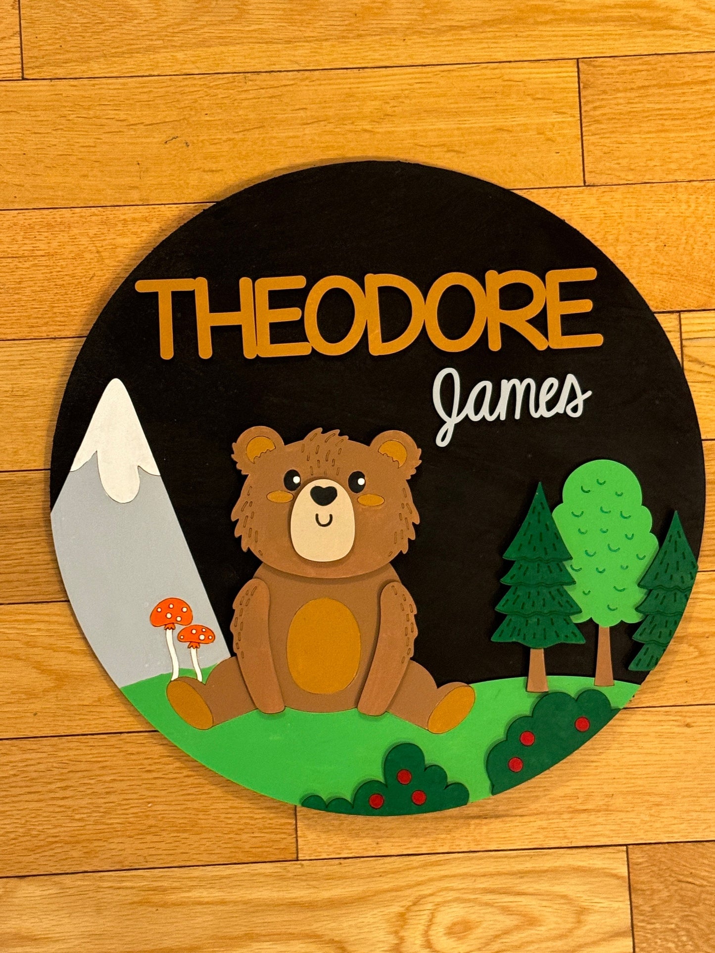 Bear Mountain Nursery Name Sign | 3D Custom Name Sign | Round Wood Sign | Nursery Decor for a Boy or Girl | Personalized Nursery Sign