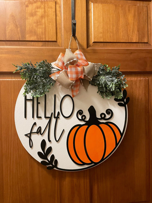 Hello Fall Pumpkin Front Door Decor | Hello Door Hanger | 3D Lettering | Round Wood Hello Sign | All Year Decor | Wood Hello Wreath
