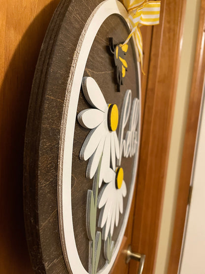 Hello Spring Front Door Decor | Hello Door Hanger | 3D Lettering | Round Wood Hello Sign | All Year Decor | Wood Hello Wreath | Bee Theme
