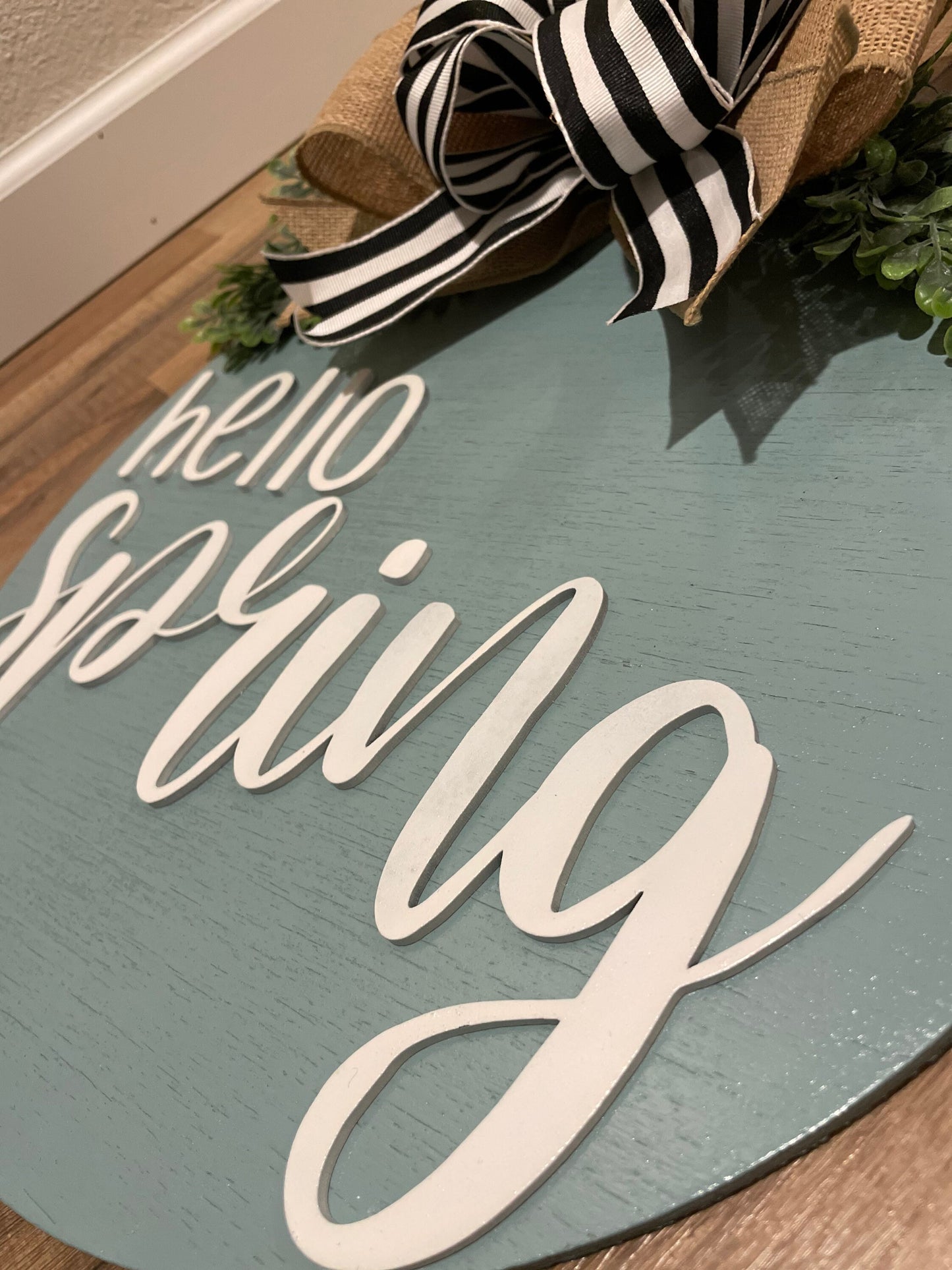 Hello Spring Door Hanger | 3D Lettering | 16inch round | Front Door Decor | Round Wood Sign