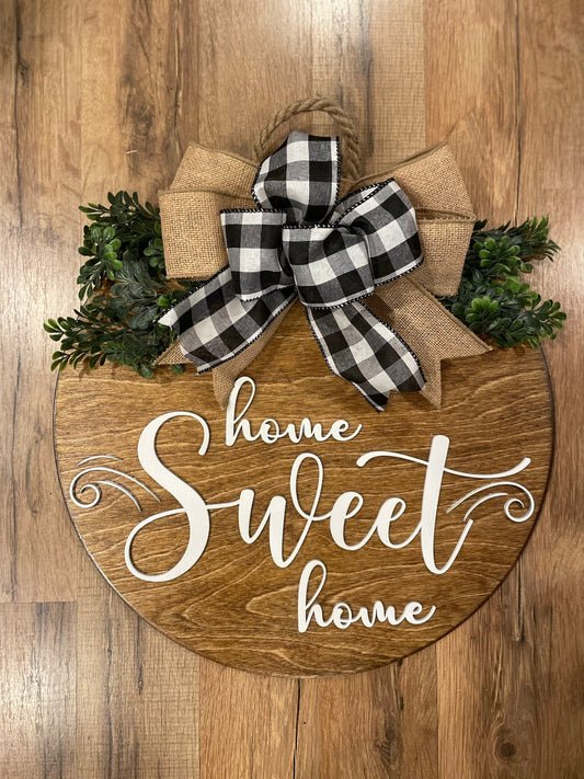 Front Door Decor | Home Sweet Home Door Hanger | 3D Lettering | Round Wood Welcome Sign | Year Round Decor