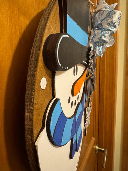 Hello Winter Snowman Door Hanger | 3D Lettering | 16inch round | Front Door Decor | Round Wood Sign | Winter Wreath