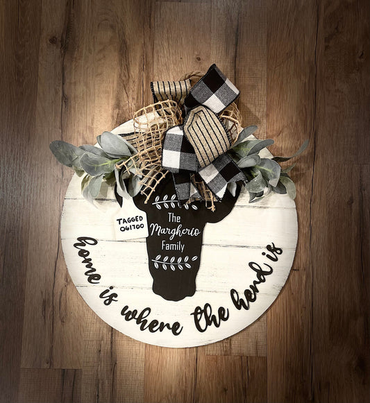 16' Round Home Is Where the Herd Is Door Hanger | Cow Sign | Cow Door Hanger | Farmhouse Shiplap Sign