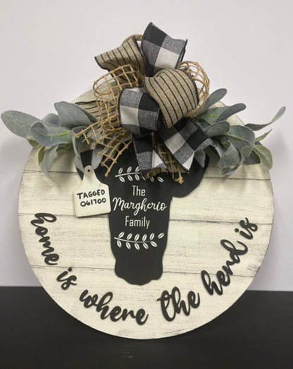 16' Round Home Is Where the Herd Is Door Hanger | Cow Sign | Cow Door Hanger | Farmhouse Shiplap Sign