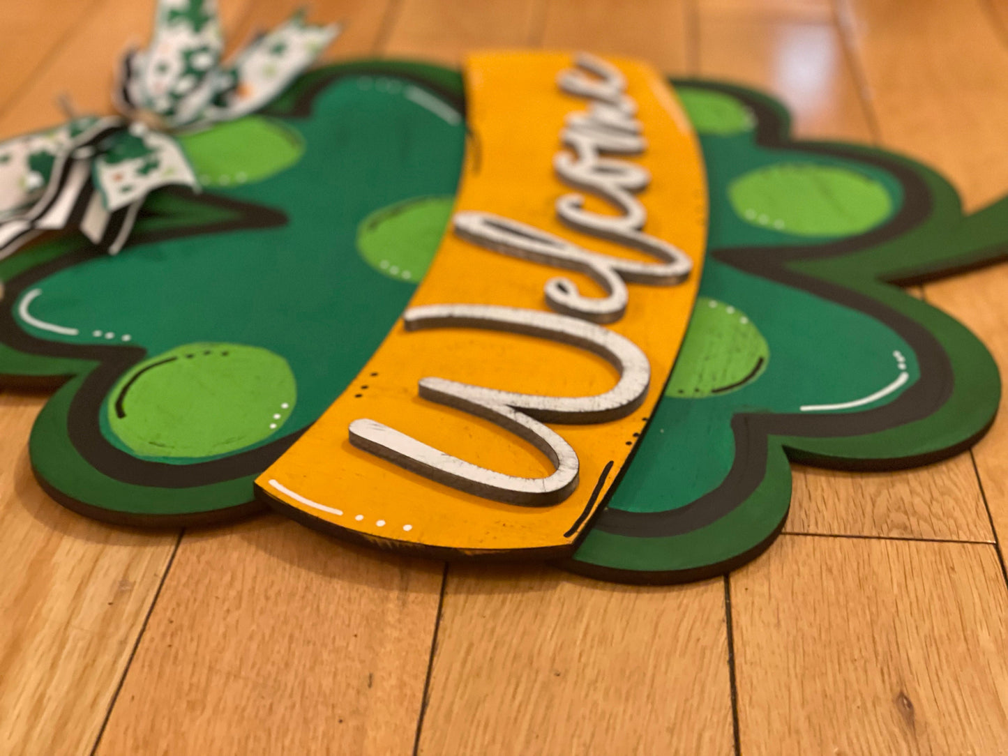 St. Patrick's Day Shamrock Door Hanger | Welcome Door Hanger | Shamrock Front Door Decor | Wood Cutout | St. Patty's Day Wreath