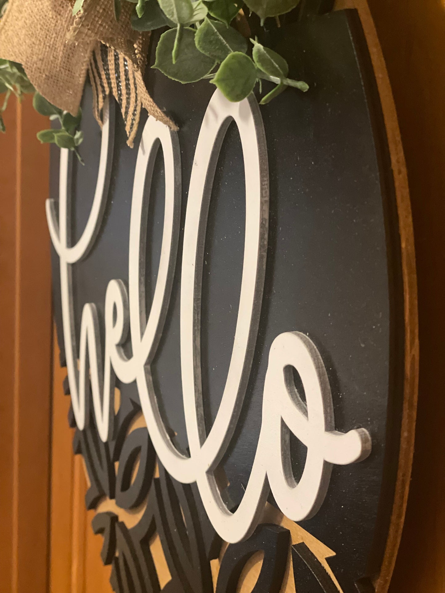 Hello Modern Front Door Decor | Hello Door Hanger | 3D Lettering | Round Wood Hello Sign | All Year Decor | Wood Hello Wreath