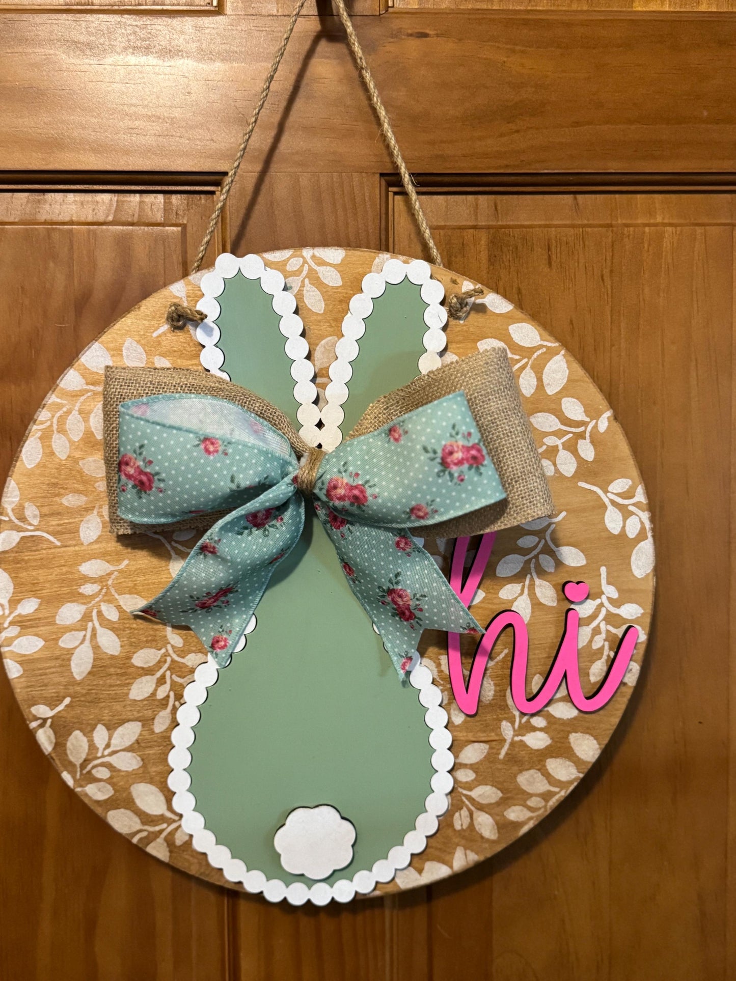 Easter Bunny Front Door Decor | Hi Door Hanger | 3D Lettering | Round Wood Welcome Sign | Bunny Round Sign | Spring Wreath