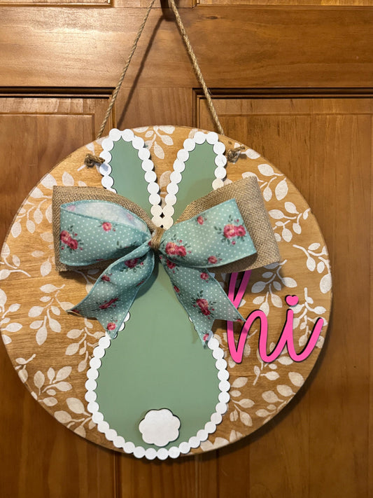 Easter Bunny Front Door Decor | Hi Door Hanger | 3D Lettering | Round Wood Welcome Sign | Bunny Round Sign | Spring Wreath
