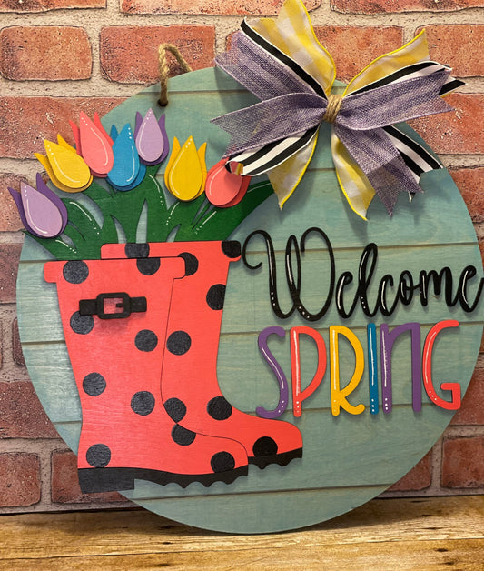 Welcome Spring Rain Boots Door Hanger | Tulip Door Decor| | Front Door Decor | Round Wreath |